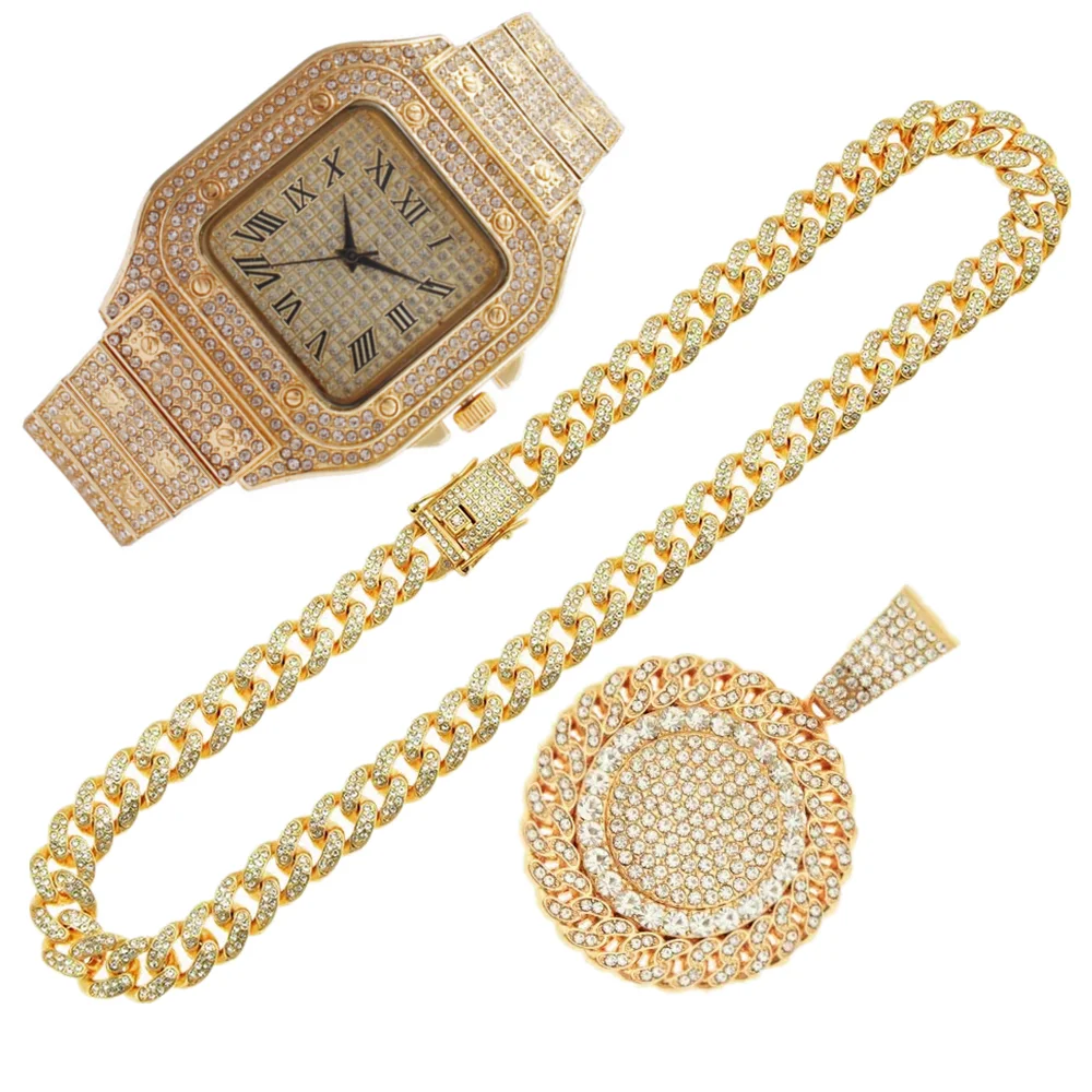 2pcs Iced Out Watches Necklace - Luxury Watch Miami ulasan dan harga