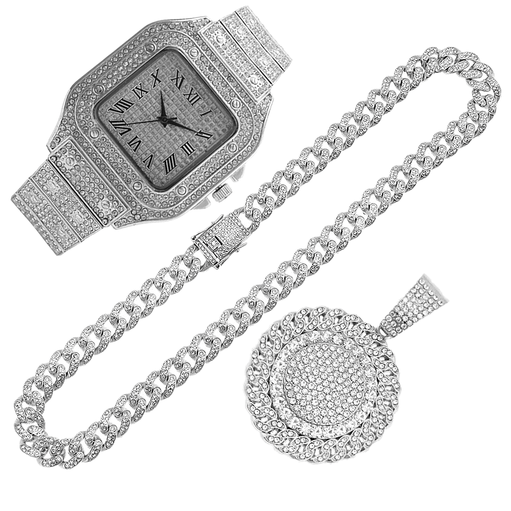 2pcs Iced Out Watch Necklace P - Luxury Watch Miami ulasan dan harga