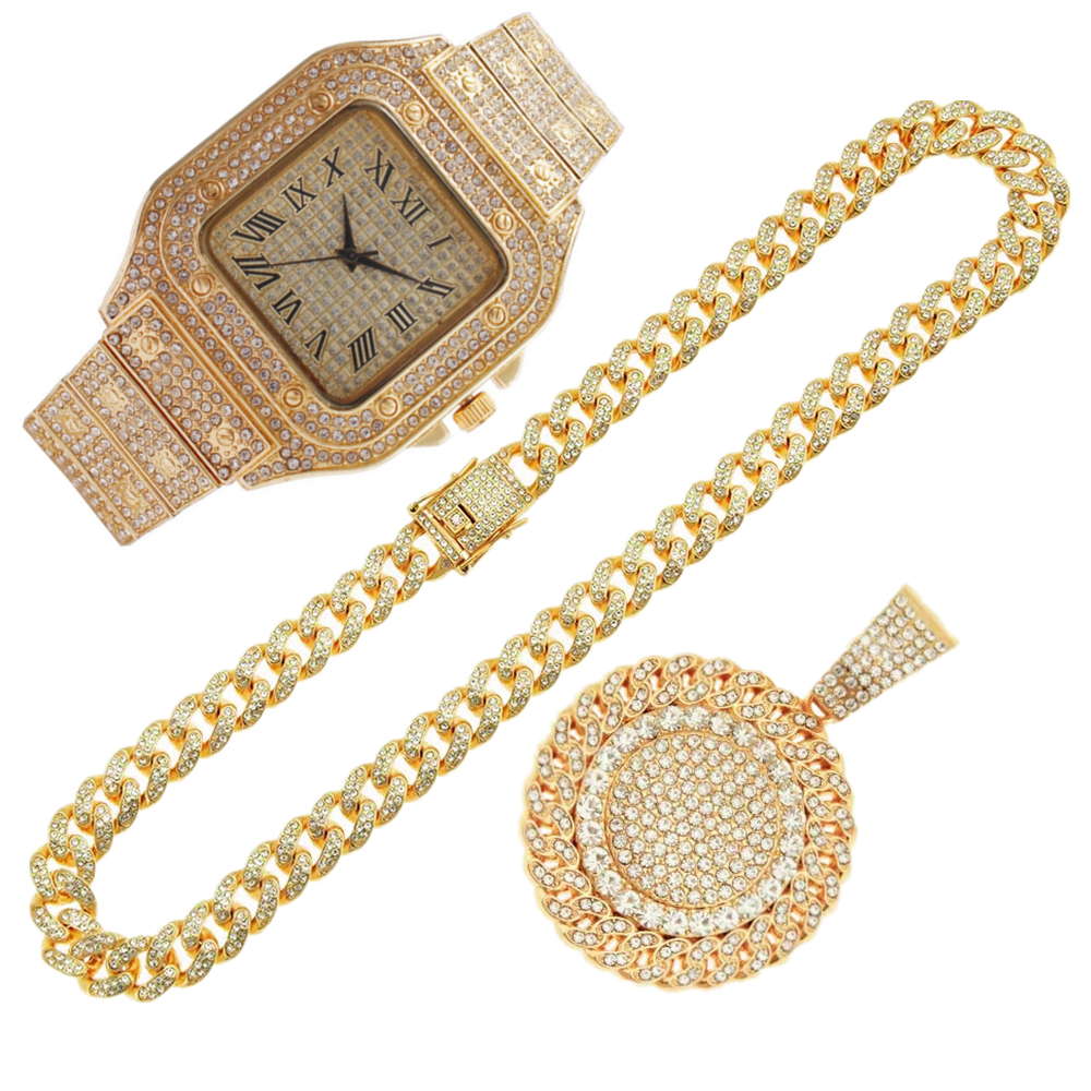 2pcs Iced Out Watch Necklace P - Luxury Watch Miami ulasan dan harga